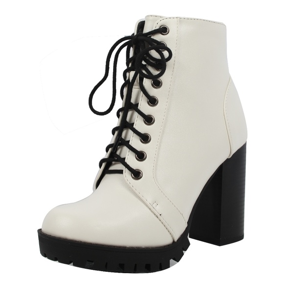 Soda Shoes White Lace Up Combat Block Stacked Heel Ankle Boot